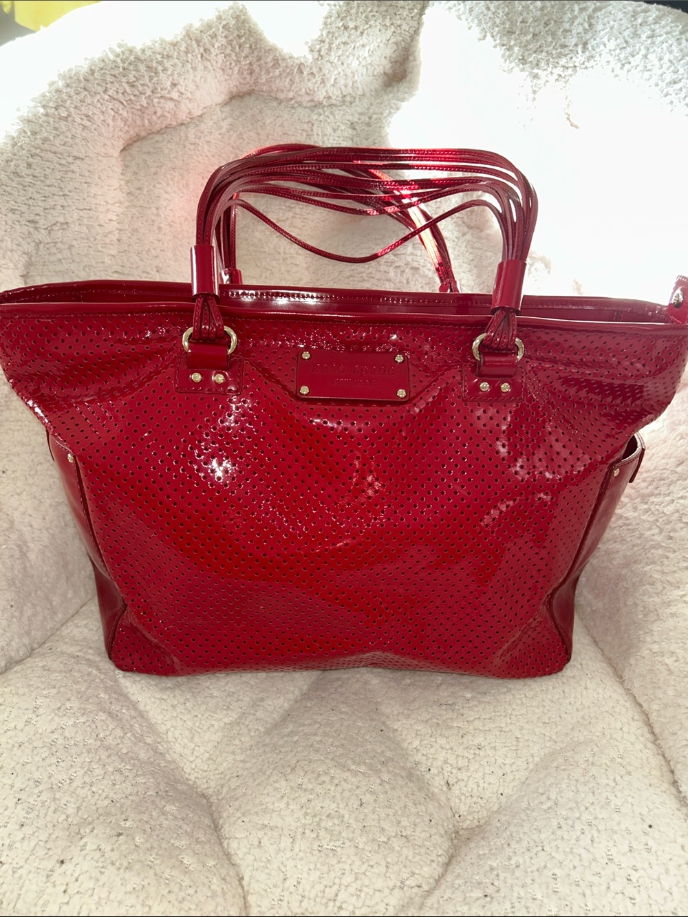 kate spade tracey perforated Red Patent Perforated Tote msrp$395